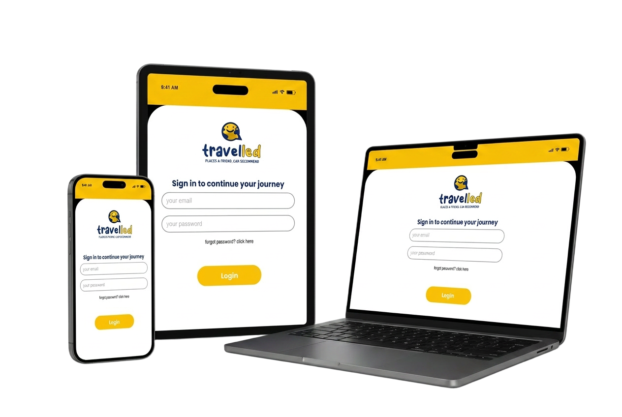 Travelled app login screen on phone, tablet and laptop