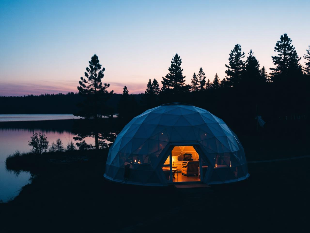 Glamping igloo by a lake